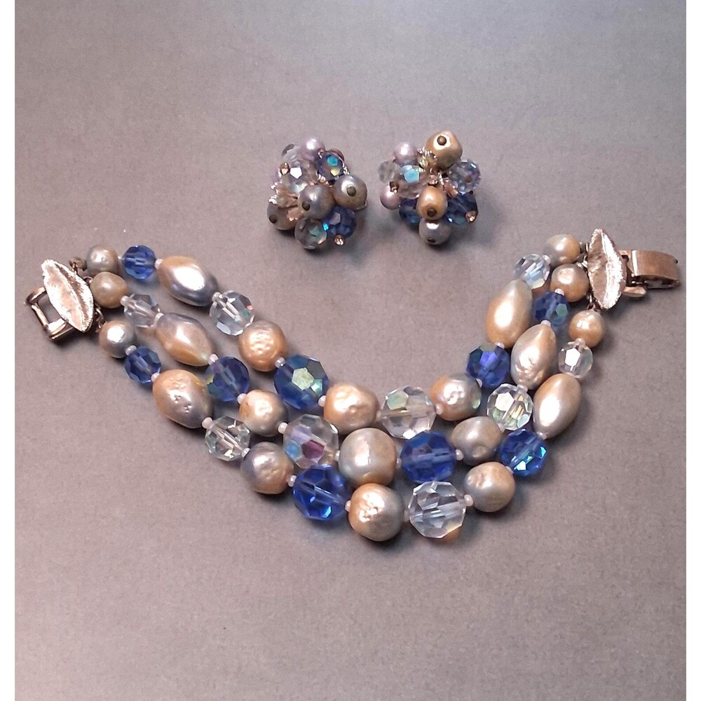 Vintage Vendome Bracelet Earrings Set Blue Pearls & Glass